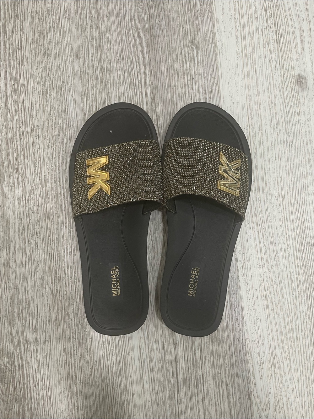 Michael Kors gold and black womens slide sandals
